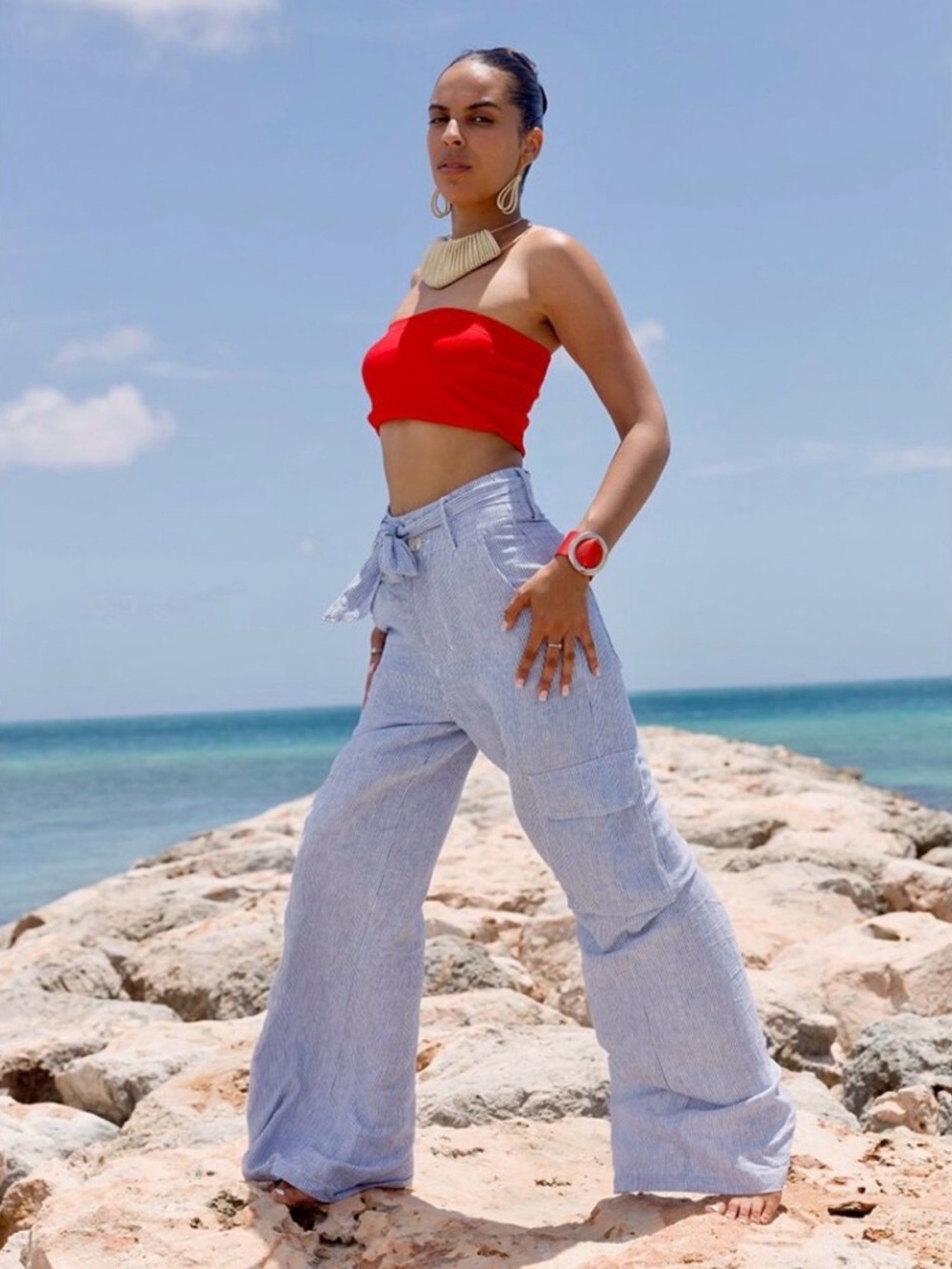 Blue Striped Wide-Leg Linen Pants